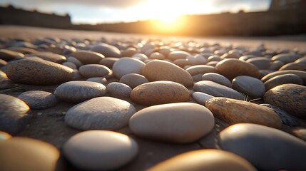 Wall Mural - Sunlit pebbles on a beach at sunset, creating a serene atmosphere with soft light and shadows