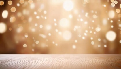 Poster - golden bokeh light background with wooden floor, festive blurred backdrop for holiday presentation, celebration, event

