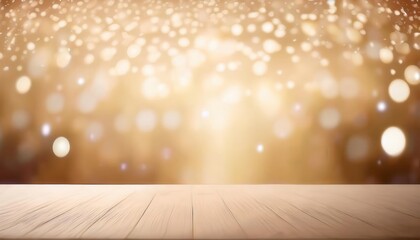 Poster - golden bokeh light background with wooden floor, festive blurred backdrop for holiday presentation, celebration, event

