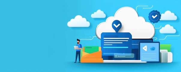 Cloud Computing Software Latency. Digital cloud technology concept with a person interacting with devices.