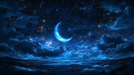 a brilliant crescent moon illuminates a starry night sky scene