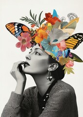 Canvas Print - Paper collage of woman thinking portrait butterfly colorful.