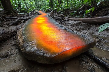 Wall Mural - Vibrant glowing pathway through a dense rainforest, showcasing nature's beauty and tranquility