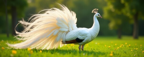 Naklejka na meble Radiant white peacock displays magnificent tail feathers in lush farm setting , plumage, summer, white peacock