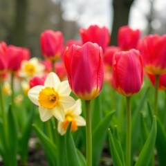 Close-up of vibrant tulips and daffodils blooming in garden, nature, Spring, colorful