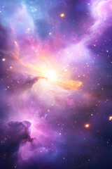 glowing white galaxy surrounded by misty violet nebulae with golden photon streams illuminating the 