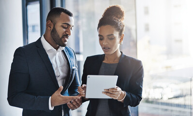 Aufkleber - Collaboration, tablet and discussion with business people in office together for project management or planning. Agenda, conversation and schedule review with man, woman or workplace for b2b teamwork