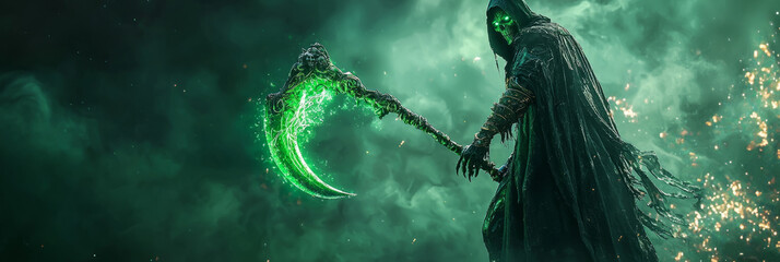 dark fantasy grim reaper with glowing green aura and intricate scythe design