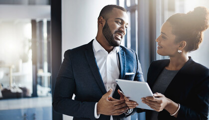 Aufkleber - Planning, tablet and strategy with business people in office together for project management or brainstorming. Agenda, conversation and schedule review with man, woman or workplace for b2b teamwork