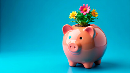 Canvas Print - piggy bank with flower