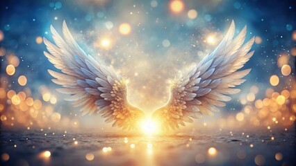 Wall Mural - Glowing Angel Wings on Abstract Background with Bokeh, luminous, surreal,  luminous, surreal, heavenly, shimmer