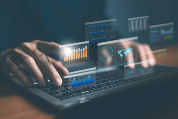 Poster - Businessman analysis shows a digital dashboard chart of the financial database. concept of business management, analytics market. Reporting platform overview, CRM system, ai data research
