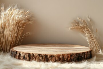 Canvas Print - Natural Wood Slice Display with Wheat Ears