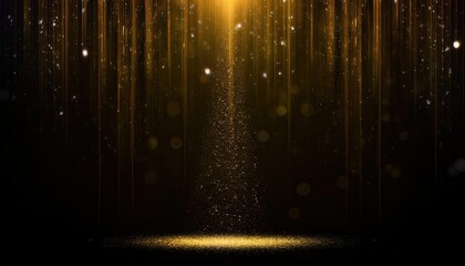 Poster - golden sparkling particles falling down with glowing lights on dark background, bokeh effect, cosmic scene, festive decoration