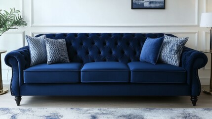 Canvas Print - Classic Navy Blue Chesterfield Sofa with Decorative Pillows