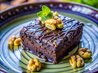 Wall Mural - Delicious chocolate walnut brownie. Tasty food background