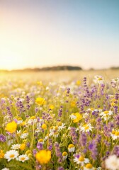 Sticker - Sunlit wildflower meadow with yellow buttercups, lavender, and daisies