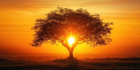 Wall Mural - Tree silhouetted against a bright orange sunset with vibrant sun rays glowing behind it creating a stunning natural contrast and serene atmosphere.