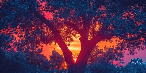 Wall Mural - Dramatic sunset with vivid orange and pink colors glowing behind a dark silhouette of a tree surrounded by foliage in the background