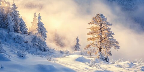Wall Mural - Serene winter landscape with snow-covered trees glowing in golden light amidst soft morning fog creating a peaceful nature scene