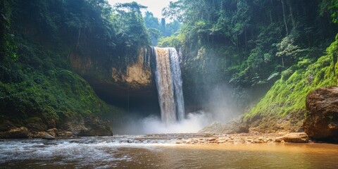 Wall Mural - Majestic waterfall cascading down rocky cliff amidst lush green forest surrounded by misty atmosphere and tranquil river reflections.