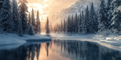 Wall Mural - Serene winter forest landscape with a mountain river reflecting soft sunset hues in the sky with snow-covered evergreens along the banks.