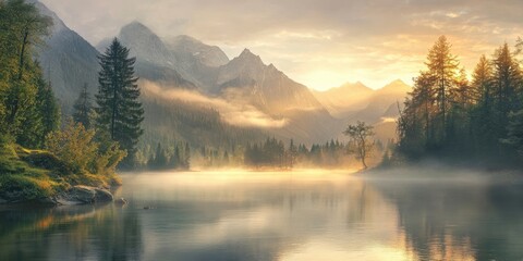 Wall Mural - Serene lakeside view at sunrise with misty mountains in the background lush green trees reflecting in calm waters warm golden light