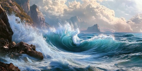 Wall Mural - Majestic ocean waves crashing against rugged cliffs under a dramatic sky with clouds and distant mountains in shades of blue and green.