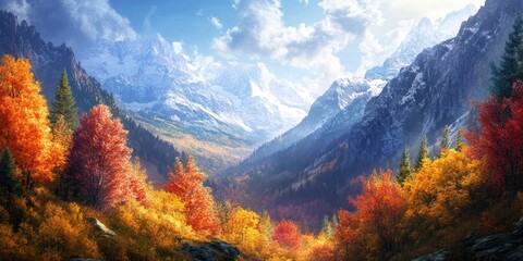 Wall Mural - Breathtaking autumn landscape showcasing vibrant orange and yellow trees in a majestic mountain valley under a bright blue sky with fluffy clouds.