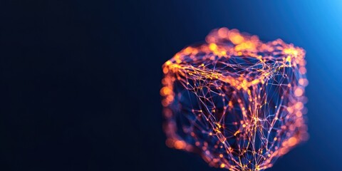 Poster - Futuristic Data Visualization Neon Network Cube on Dark Abstract Background - Cutting-Edge Tech Presentation and Innovative Digital Marketing Design