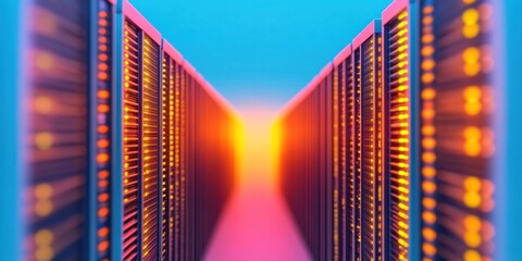 Aufkleber - Futuristic Data Infrastructure Neon-Lit Server Racks in Industrial Precision - Optimized Computing Power for Tech Innovation and Digital Enterprise Solutions