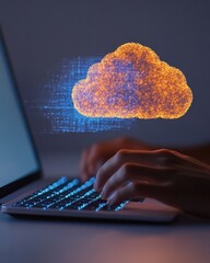 Leinwandbilder - Streamlined Cloud Security Typing on an Illuminated Keyboard with Holographic Cloud - Cutting-edge Data Protection for Modern Business Environments