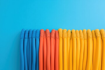 Poster - Colorful Minimalism in Data Center Design Vibrant Network Cables Display Against Blue Backdrop - Emerging Tech Infrastructure and Enterprise Efficiency Highlight