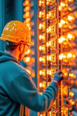 Poster - Industrial Edge Data Optimization Male Technician with Safety Gear, Interactive LED Diagnostics in Modern Server Room - Enhancing Enterprise IT Performance and Security