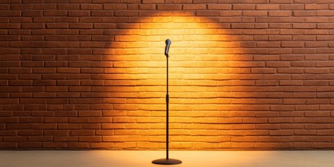 Poster - Contemporary Comedy Club Design Brick Wall Aesthetic and Standalone Microphone - Event Space Content for Dynamic Entertainment Venues and Engaging Performance Atmospheres