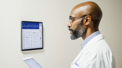 Leinwandbilder - Digital Health Monitoring Modern Doctor Analyzing Patient Data on Tablet Against White Hospital Wall - Enhancing Patient Care with Innovative Technology Solutions