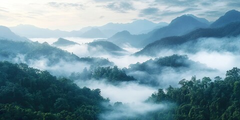 Wall Mural - Misty mountain landscape at dawn with layered hills in shades of green and blue, enveloped in soft fog, creating a serene and tranquil atmosphere.