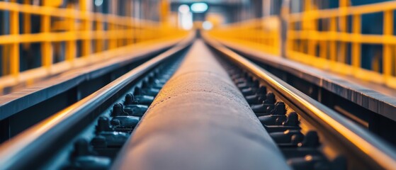 Aufkleber - Industrial Conveyor System with Smooth Metal Rails in Vibrant Factory Interior - Modern Recycling Infrastructure for Sustainable Materials Recovery and Circular Economy Solutions