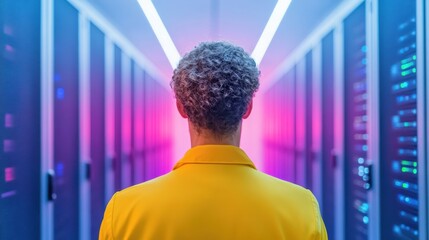 Aufkleber - Futuristic Server Room Dynamics System Administrator in High-Tech Neon Environment Managing Rack Equipment and AI-Enhanced Infrastructure for Advanced IT Solutions