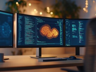 Aufkleber - Futuristic Cybersecurity Workspace Dual Curved Monitors with Code Visualization on Wooden Desk - Enhanced Digital Security Insight for Modern Business Operations
