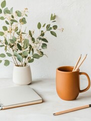 Leinwandbilder - Minimalist Workspace Aesthetic Ceramic Mug and Stationery on Textured Desk - Enhancing Remote Productivity and Clean Desk Organization for Modern Professionals