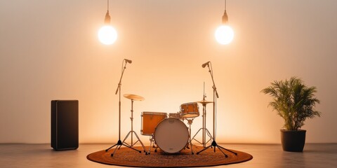 Fototapete - Contemporary Stage Drum Kit Setup Industrial-Chic Elements with Professional Audio Gear and Green Aesthetics - Live Performance Optimization and Event Industry Trends
