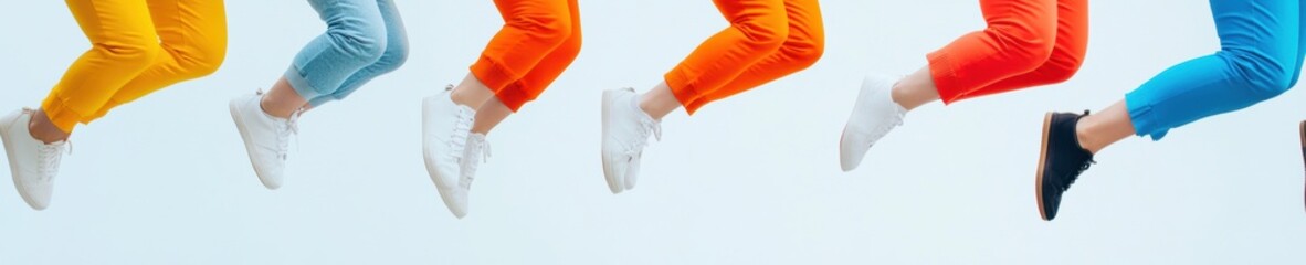 Aufkleber - Colorful Synchronized Jump Casual Dynamic Poses on Vibrant Grass - Modern Team Building and Coordination Imagery for Business Branding and Youthful Energy Campaigns