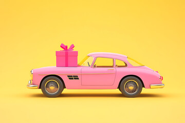 A pink vintage car with a gift box on top against a yellow background.