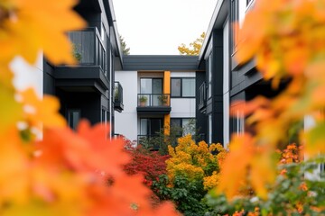 Poster - Architectural Harmony Sustainable Solar-Paneled Apartment Complex with Colorful Gardens - Urban Real Estate Design for Eco-Conscious Living and Modern Community Spaces