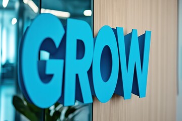 Leinwandbilder - Minimalist Corporate Display Blue GROW Letters from Folders in Bright Office - Modern Workspace Aesthetic and Business Growth Visualization