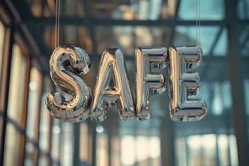 Aufkleber - Modern Minimalist Tech Display Pristine Silver SAFE Lettering in a Tech Hub - Innovative Workplace Security and Digital Marketing Content