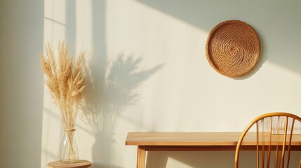 Poster - Minimalist Home Office Decor Nordic Wooden Desk with Woven Wall Art and Wheat Decor - Eco-Friendly Workspace Design for Enhanced Productivity and Modern Remote Work