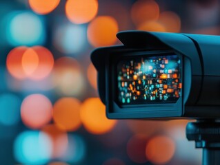 Leinwandbilder - Futuristic Surveillance Camera on Modern Tripod with Vibrant Bokeh Background - High-Tech Security Solutions for Urban Spaces and Innovative Digital Marketing