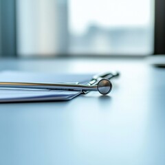 Aufkleber - Minimalist Medical Consultation Setup Polished Stainless Steel Stethoscope on Clean Blue Desk - Modern Healthcare Innovation and Multi-Disciplinary Teamwork Promotion